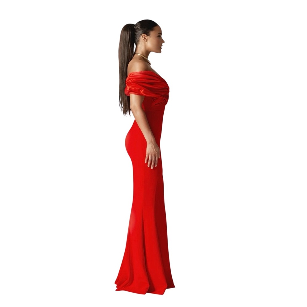 NWT Alieva Presley Crepe Ruffle Shoulder Gown Dress in Red Sz. L - Picture 5 of 15